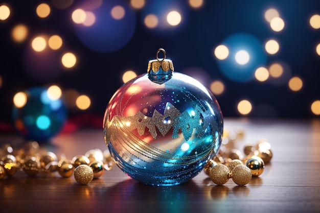 Close-up d'une boule de Noël en verre sur un fond lumineux abstrait