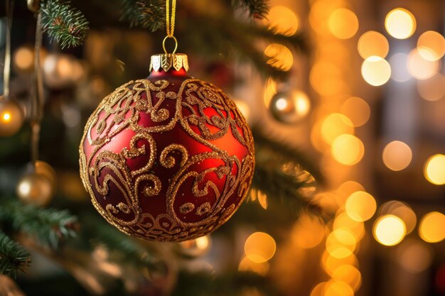 Close-up d'une boule rouge accrochée à un arbre de Noël illustration de boule d'arbre de Noël