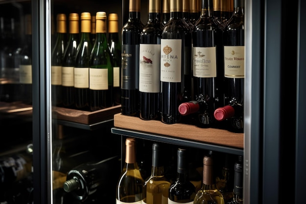 Close-up de bouteilles de vin organisées dans un réfrigérateur de vin intelligent