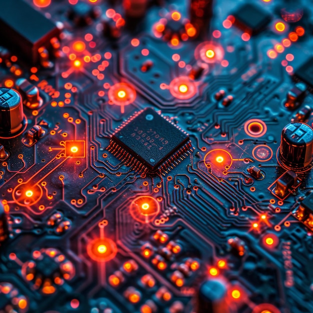 Close-up d'une carte de circuit électronique avec des micropuces et des composants électroniques