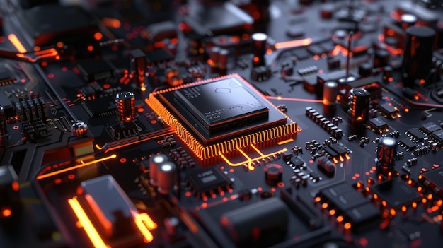 Close-up d'une carte de circuit imprimé de haute technologie avec une micropuce éclairée et des composants électroniques AIG53M
