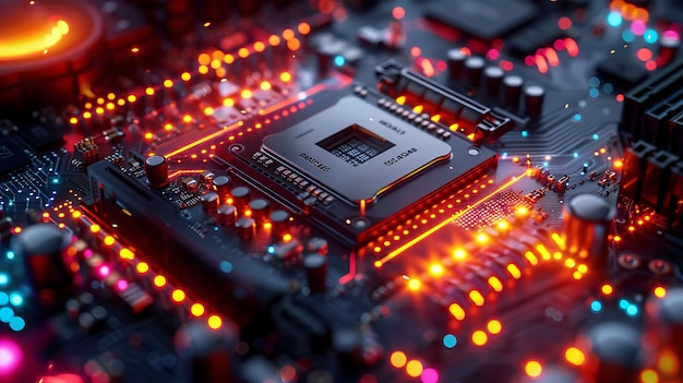 Photo close-up d'une carte gpu moderne avec des circuits et des lumières colorées rendu 3d