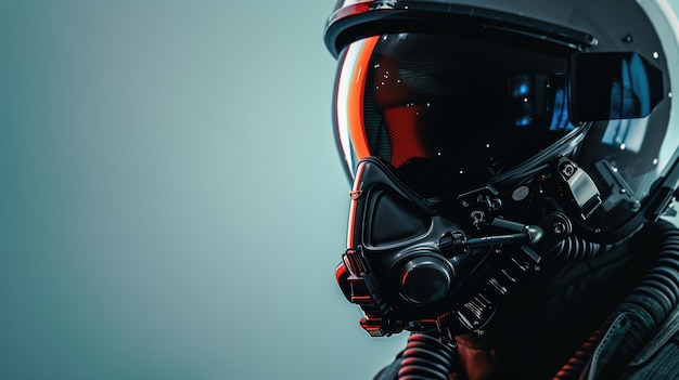 Close-up d'un casque d'astronaute futuriste avec une visière réfléchissante et une combinaison détaillée sur fond cooltoné