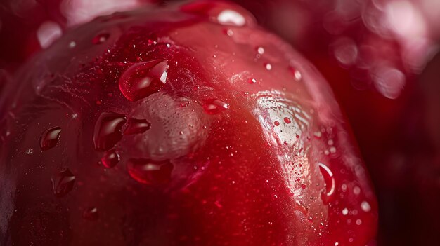 Photo close-up d'une cerise rouge avec des gouttes d'eau sur sa surface la cerise est en focus avec un fond flou