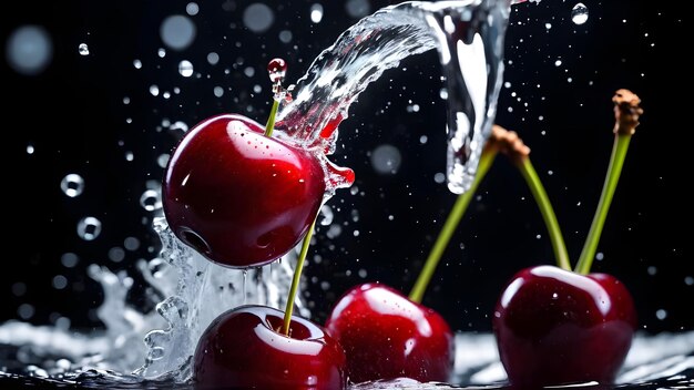 Close-up de cerises fraîches tombant dans l'eau avec des éclaboussures sur fond noir