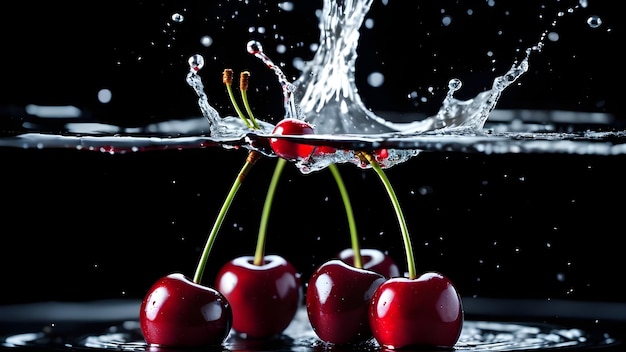 Photo close-up de cerises fraîches tombant dans l'eau avec des éclaboussures sur fond noir