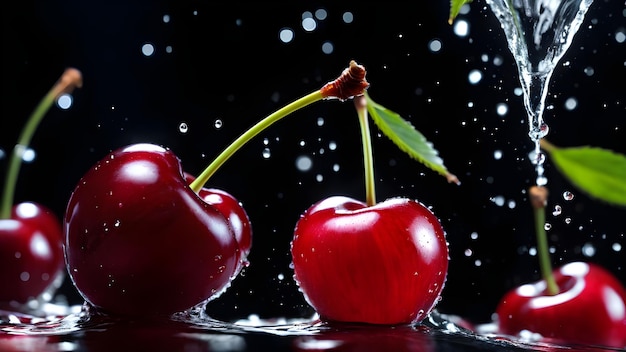 Close-up de cerises fraîches tombant dans l'eau avec des éclaboussures sur fond noir