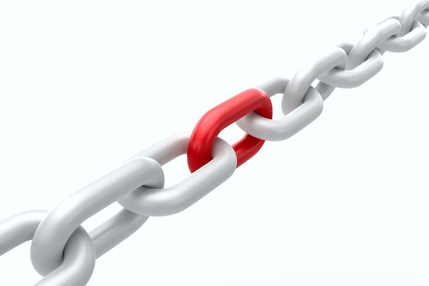 Close-up d'une chaîne blanche avec un lien rouge symbolisant la force de la connexion
