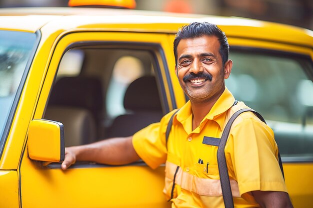 Close-up d'un chauffeur de taxi souriant dans une voiture en uniforme à fond jaune isolé