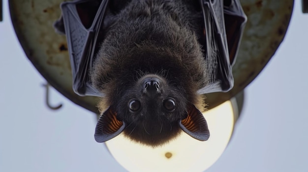 Close-up d'une chauve-souris suspendue à l'envers d'une lampe de rue ses yeux scintillants dans la lumière brillante comme