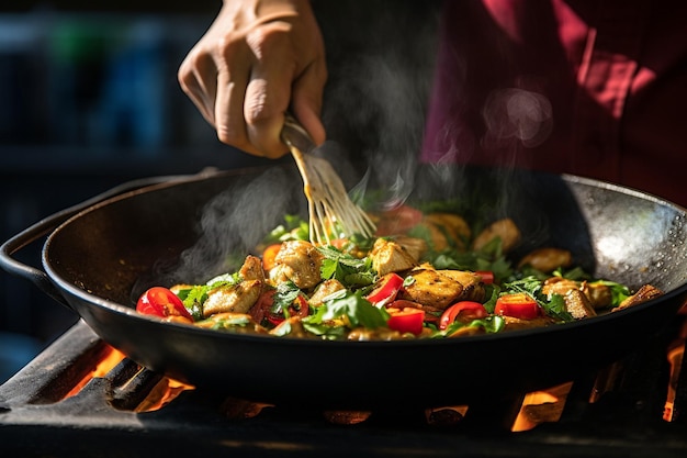 Close-up d'un chef cuisinier garnissant le poulet à frire avec de la coriandre hachée