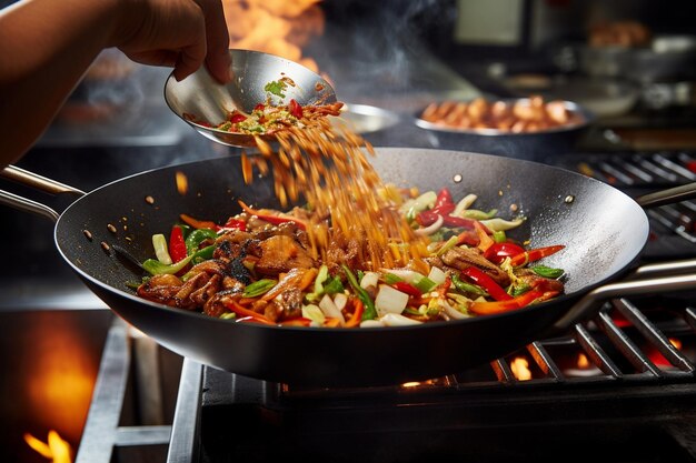 Close-up d'un chef qui jette des frites avec précision