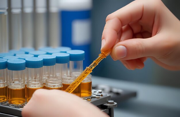 Photo close-up d'un chercheur de laboratoire tenant un tube de verre médical avec un scientifique au travail un scientifique pharmacien examinant un échantillon de flacon médical dans un laboratoire de recherche concept de chimie