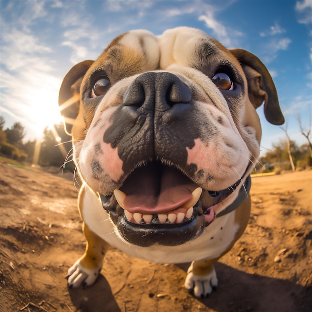 Close-up d'un chien avec une lentille d'œil de poisson Cute drôle de photographie d'animal de compagnie générée par l'IA