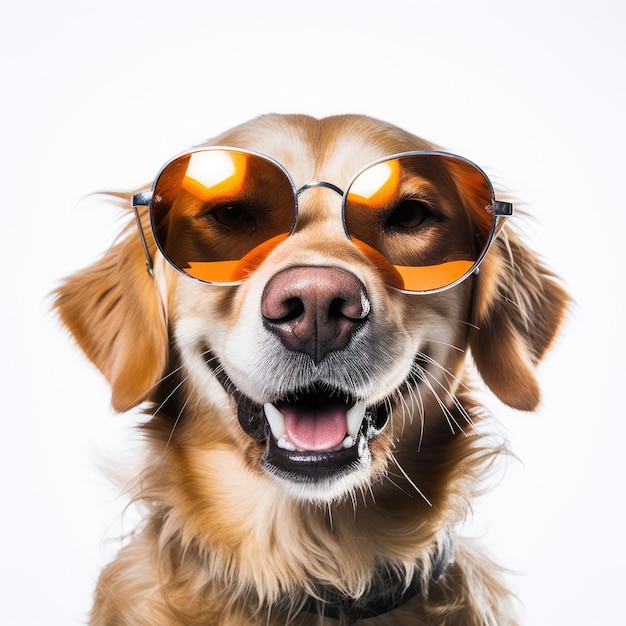 Close-up d'un chien avec des lunettes de soleil sur un fond blanc