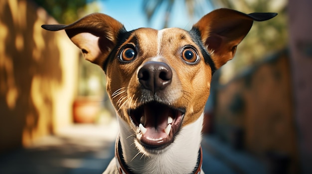 Close-up d'un chien surpris avec un visage drôle