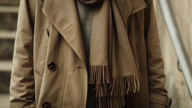 Close-up d'un coat de trench beige élégant avec un foulard à franges incarnant la mode chic de l'automne