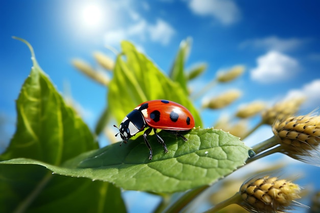 Close-up d'une coccinelle sur une feuille contre un ciel bleu