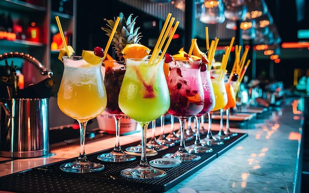 Close-up de cocktails de fête créatifs, sains mais sucrés, exotiques et non alcoolisés dans un restaurant, à l'arrière-plan des verres sur le bar, des boissons rafraîchissantes avec des pailles.