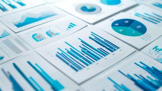 Close-up d'une collection de documents d'affaires avec divers types de graphiques et de graphes