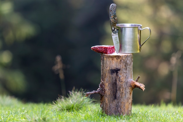 Close-up Composition Du Couteau De Poche Pliant Coincé Verticalement Dans Une Souche D'arbre, Des Saucisses Et Une Tasse En Fer Blanc à L'extérieur Sur Une Forêt Vert Foncé.