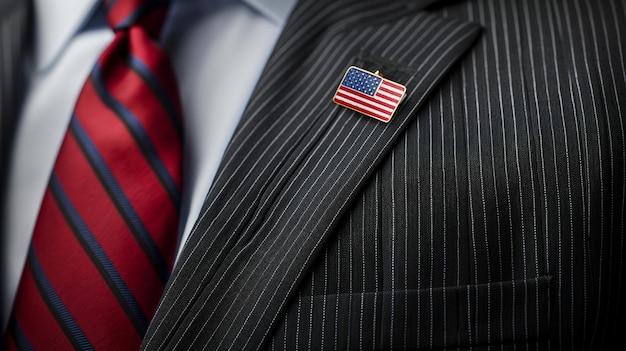Close-up d'un costume à rayures rouges, d'une cravate à rayures et d'une épingle à revers du drapeau américain
