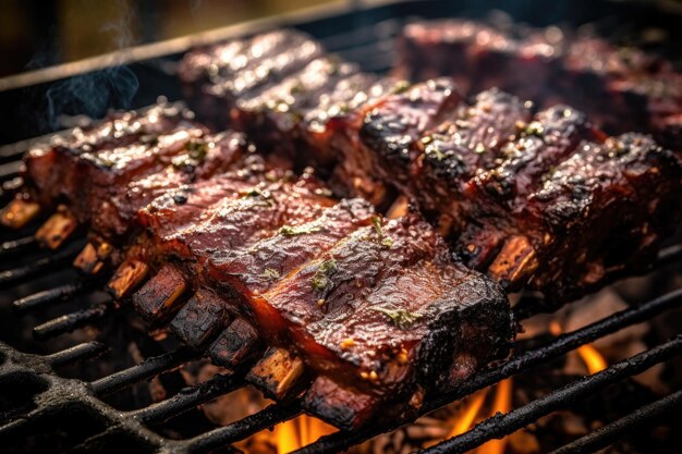 Close-up de côtes de barbecue juteuses dans un fumeur créé avec l'IA générative