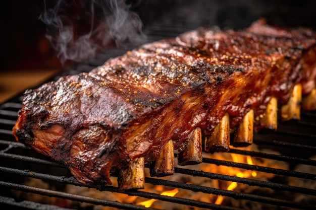 Close-up de côtes de barbecue juteuses dans un fumeur créé avec l'IA générative