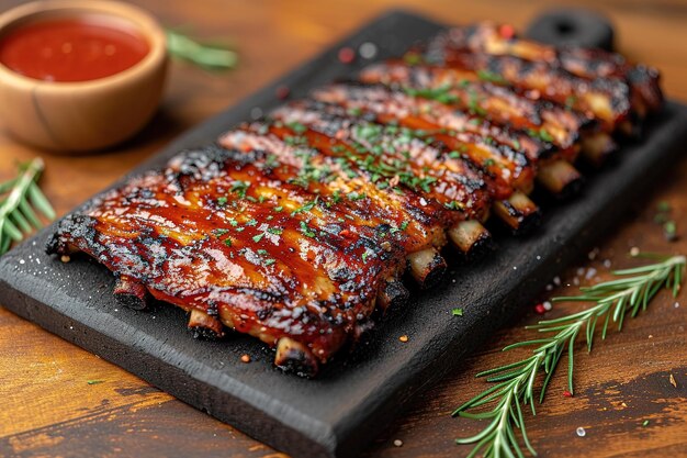 Photo close-up de côtes de porc grillées avec de la sauce barbecue et caramélisées dans du miel une collation savoureuse à la bière