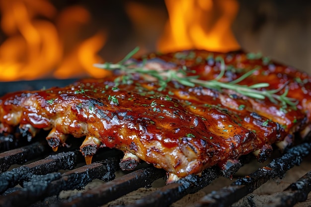 Close-up de côtes de porc grillées avec de la sauce barbecue et caramélisées dans du miel Une collation savoureuse à la bière