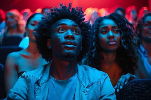 Photo close-up d'un couple afro-américain joyeux regardant un film au cinéma heureux souriant jeune