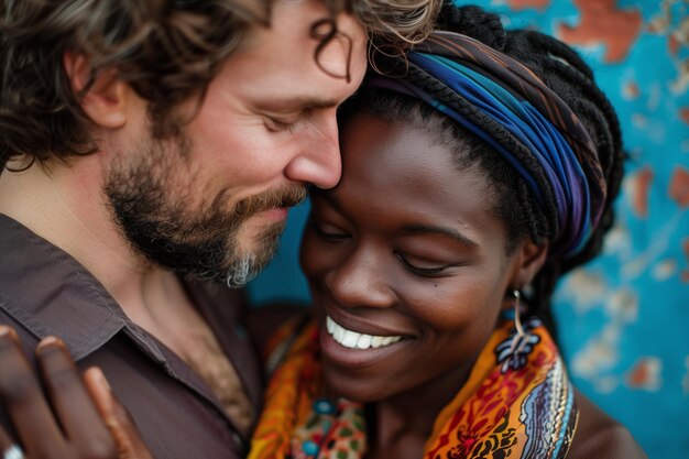 Photo close-up d'un couple joyeux s'embrassant avec les yeux fermés partageant un sourire sur un fond coloré