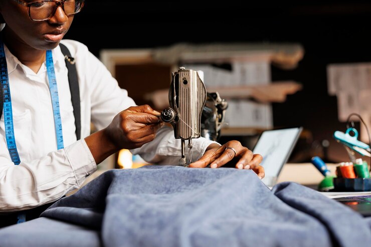 Photo close-up d'un couturier afro-américain utilisant une machine à coudre industrielle sur du tissu dans un studio de couture.