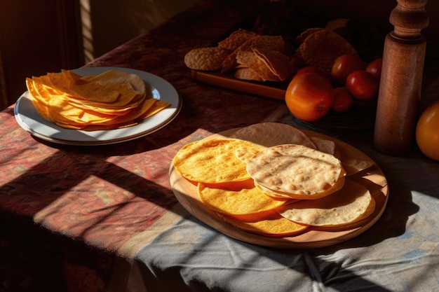 Close-up de croûtes de pizza laissées sur la table après le repas entourées d'ombres créées avec l'IA générative