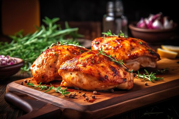 Photo close-up d'une délicieuse poitrine de poulet rôtie servie sur une planche de bois poulet grillé ia générative