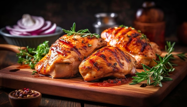 Close-up d'une délicieuse poitrine de poulet rôtie servie sur une planche de bois Poulet grillé IA générative