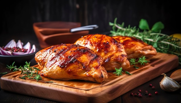 Close-up d'une délicieuse poitrine de poulet rôtie servie sur une planche de bois Poulet grillé IA générative