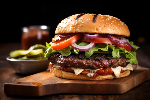 Close-up d'un délicieux hamburger fait maison sur une table en bois