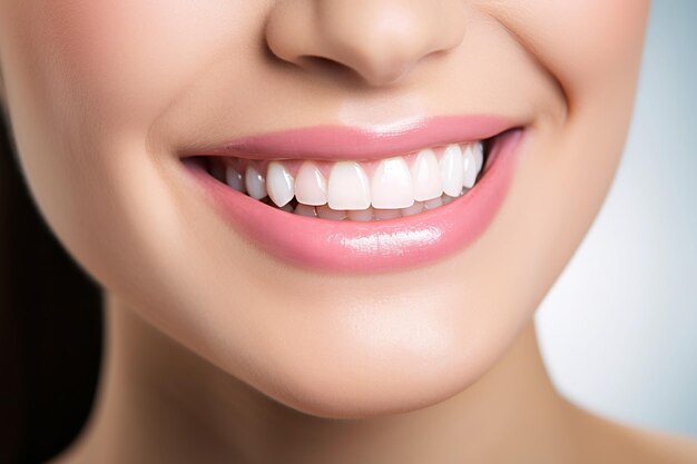 Close-up des dents blanches saines et des gencives roses d'une femme Soins dentaires et concept de blanchiment des dents Oral