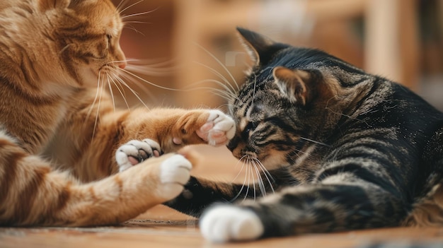 Photo close-up de deux chats luttant ludiquement sur le sol leurs pattes battant l'un contre l'autre dans un jeu amical de roughhousing félin à l'intérieur