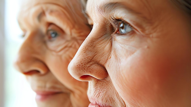 Close-up de deux femmes âgées qui regardent par la fenêtre. Elles portent toutes les deux des chemises blanches et ont les cheveux tirés en arrière.