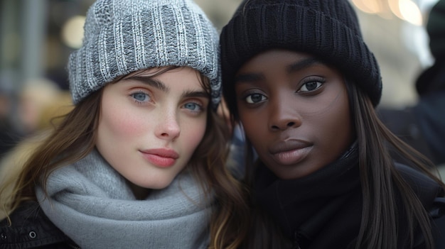 Close-up de deux femmes diverses avec des chapeaux d'hiver et des foulards montrant la beauté naturelle