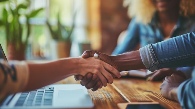 Photo close-up de deux individus se serrant la main sur une table en bois avec des éléments de fond flou suggérant un cadre professionnel