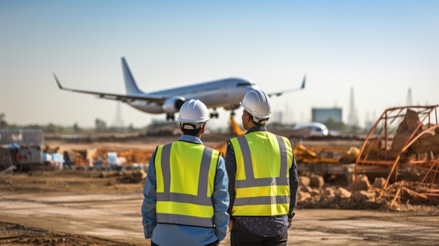 Close-up deux ingénieur parlant sur le site de construction d'avions à moteur