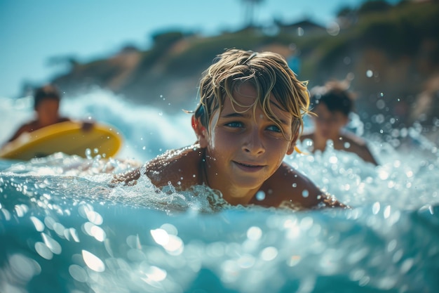 Close-up Deux jeunes écoliers surfant et faisant du summing dans l'eau