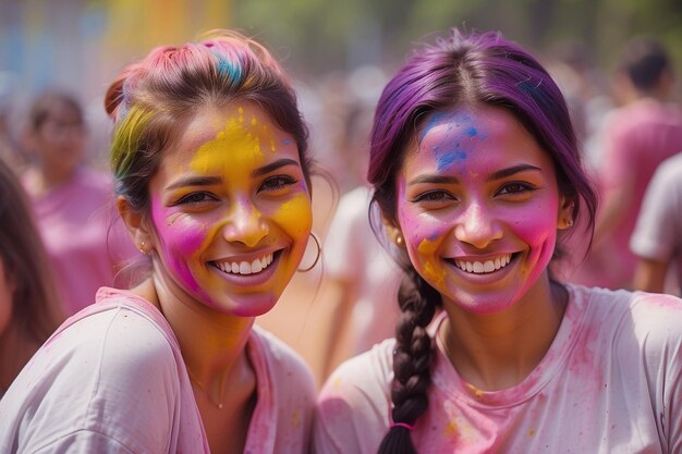 Photo close-up de deux jeunes femmes montrant leurs mains peintes avec de la couleur holi