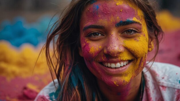 Photo close-up de deux jeunes femmes montrant leurs mains peintes avec de la couleur holi