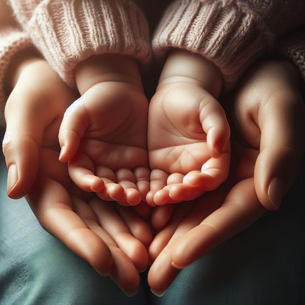 Photo close-up de deux mains tenant une paire de mains plus petites symbolisant les soins et la protection des enfants