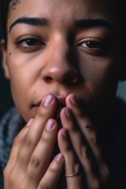 Close-up de deux mains sur le visage pour la fierté genderqueer ou le soutien trans créé avec l'AI générative