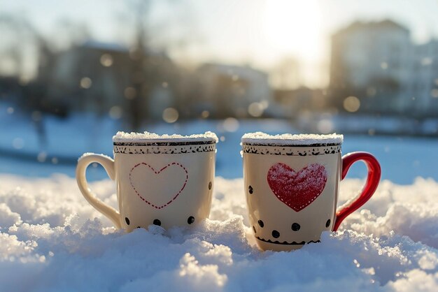 Close-up de deux tasses de café dans la neige près de la ville flou vacances moments heureux à la maison
